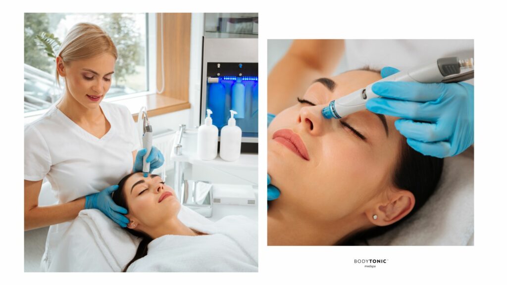 A young woman receiving a hydrafacial treatment at a medspa
