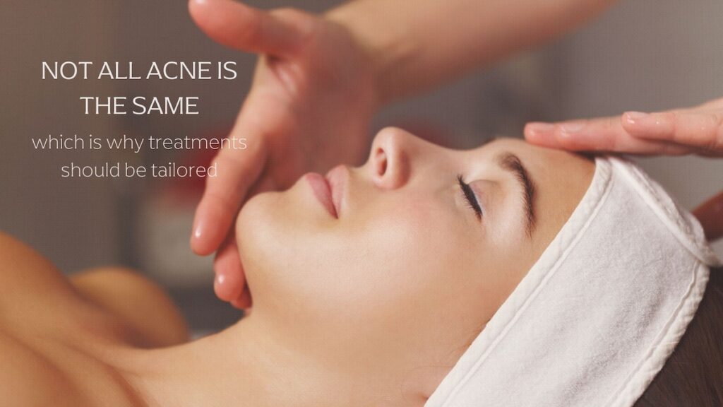 A woman lying down in a serene spa setting, receiving a facial treatment for acne, with a professional gently applying skincare products to her face. BodyTonic medspa Cleveland