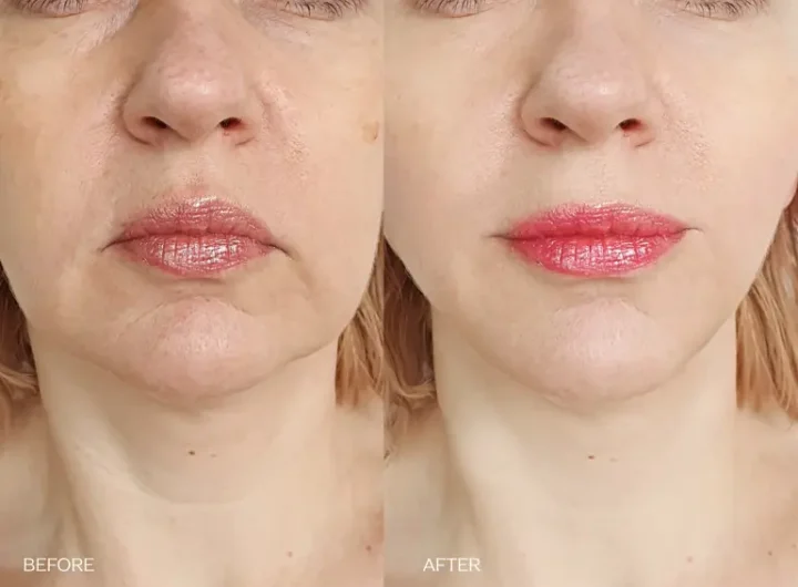 Before and after comparison of a middle-aged woman from Cleveland treated with Sculptra injections, focusing on chin, jaw, and neck rejuvenation. The 'before' image shows sagging skin and wrinkles, while the 'after' image reveals a lifted, firmer, and more defined chin, jaw, and neck. Explore collagen-stimulating Sculptra injections for natural facial and neck enhancement.