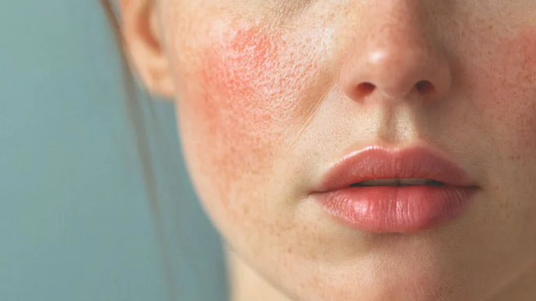Close-up of a woman’s face with visible redness and bumps on the cheeks, illustrating symptoms for an article on How to Get Rid of Rosacea Bumps. BodyTonic Medspa treatments in Cleveland