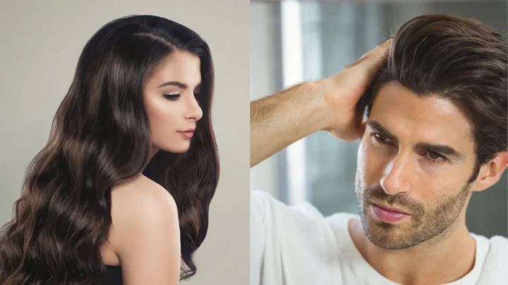 Man and woman with thick, healthy hair after exosomes for hair loss treatment, showcasing natural hair restoration results. BodyTonic Medspa in Cleveland, Ohio