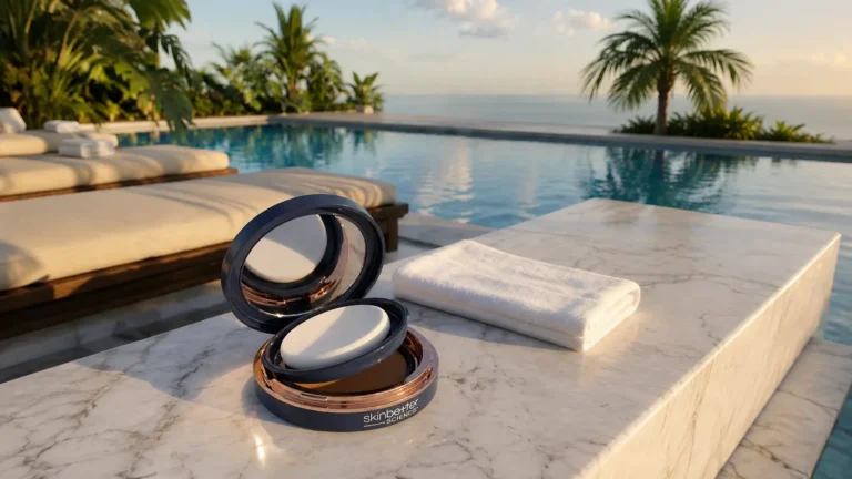 Open sunbetter® TONE SMART SPF 68 Sunscreen Compact by skinbetter science on a marble poolside table, with a tropical infinity pool and palm trees in the background.