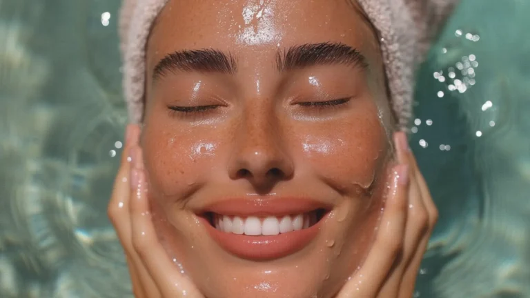 ALT text: Woman with glowing healthy skin and visible freckles smiling during skincare routine, illustrating realistic ways to remove sunspots on face and improve overall skin clarity with Vitamin C skincare.