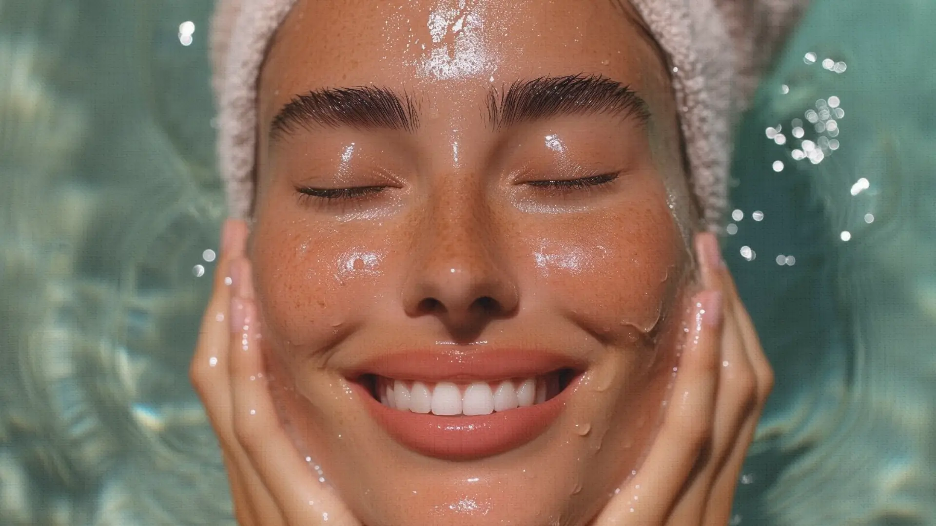 ALT text: Woman with glowing healthy skin and visible freckles smiling during skincare routine, illustrating realistic ways to remove sunspots on face and improve overall skin clarity with Vitamin C skincare.