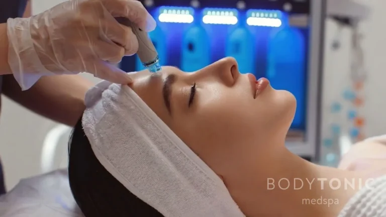 Woman receiving a pre-event glow-up custom session: where Bodytonic combines 3 treatments in one session: hydrafacial, dermaplane and LED mask for perimenopause skin at BodyTonic MedSpa in Cleveland.