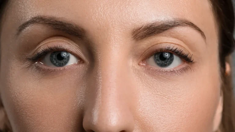 Close-up of a woman with symmetrical, evenly aligned eyes and smooth midface after eye asymmetry correction where one eye looked smaller than the other. BodyTonic MedSpa Cleveland