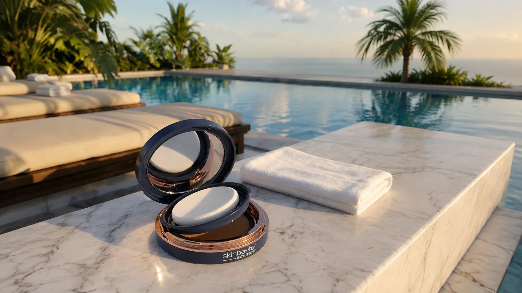 Open sunbetter® TONE SMART SPF 68 Sunscreen Compact by skinbetter science on a marble poolside table, with a tropical infinity pool and palm trees in the background.