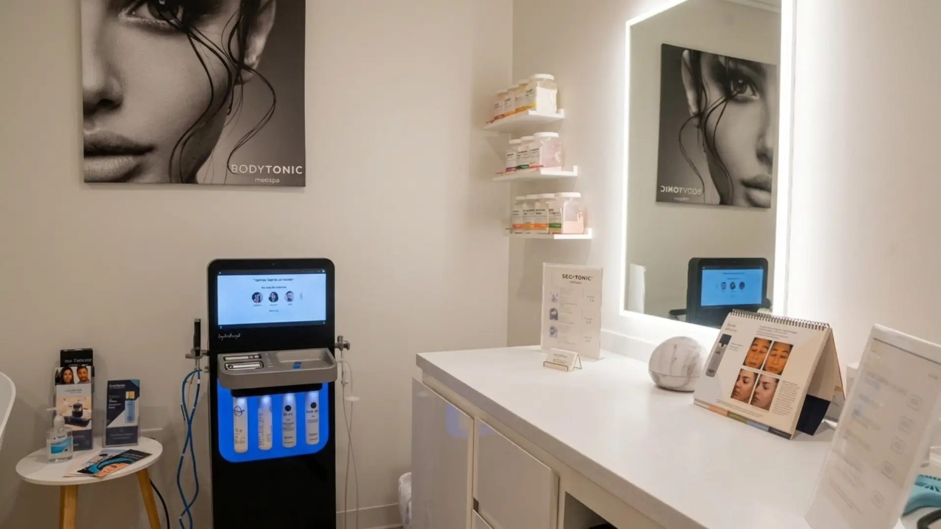 HydraFacial machine with LED-lit serums inside a clean, modern BodyTonic Cleveland medspa treatment room