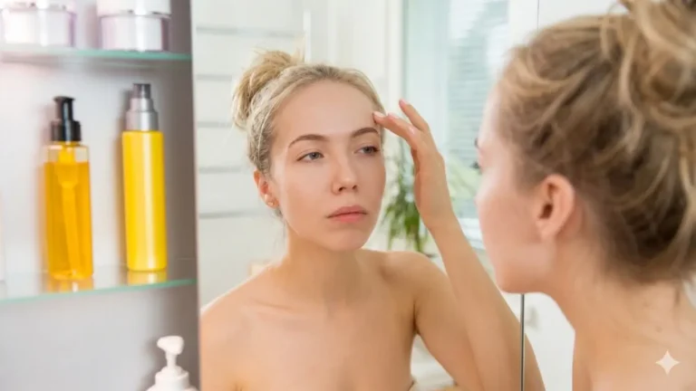Young woman examining forehead skin in mirror considering when to start Botox in Cleveland