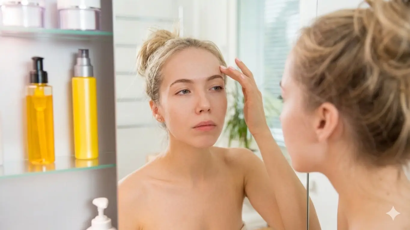 Young woman examining forehead skin in mirror considering when to start Botox in Cleveland