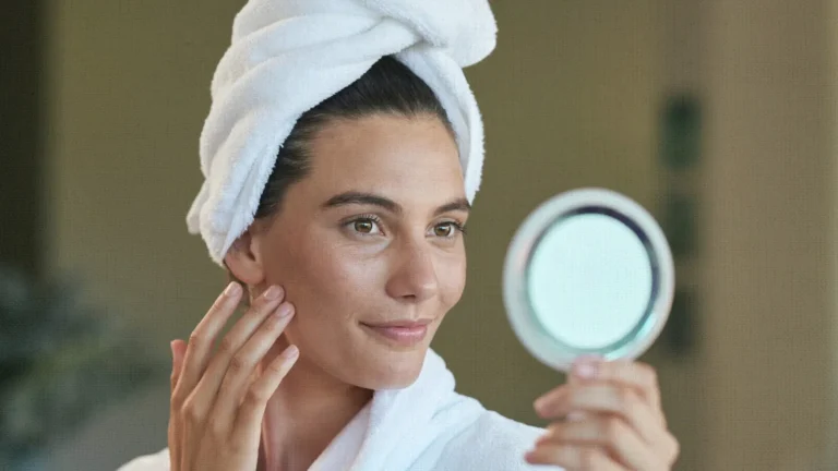 Woman in a bathrobe and hair towel touching her cheek while looking into a hand mirror