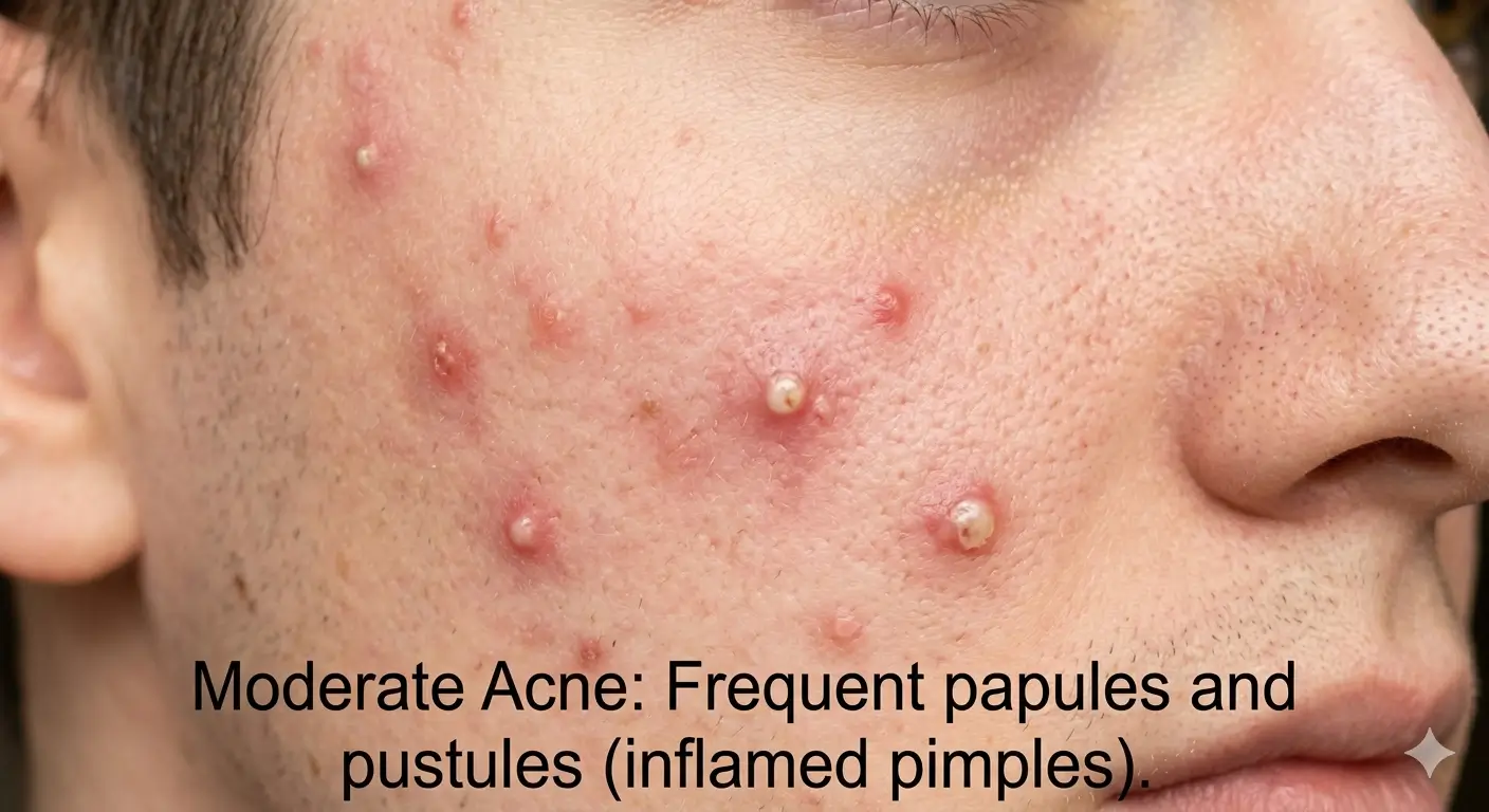 Moderate acne. Frequent papules and pustules (inflamed pimples)